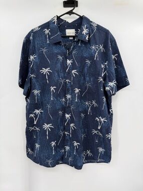 American Eagle Outfitters Navy Short-Sleeve Palm Print Button-Down Size XXL